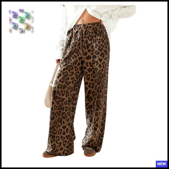 Cheetah Print Wide Leg Trousers Y2K Streetwear Drawstring Waist Casual Pants